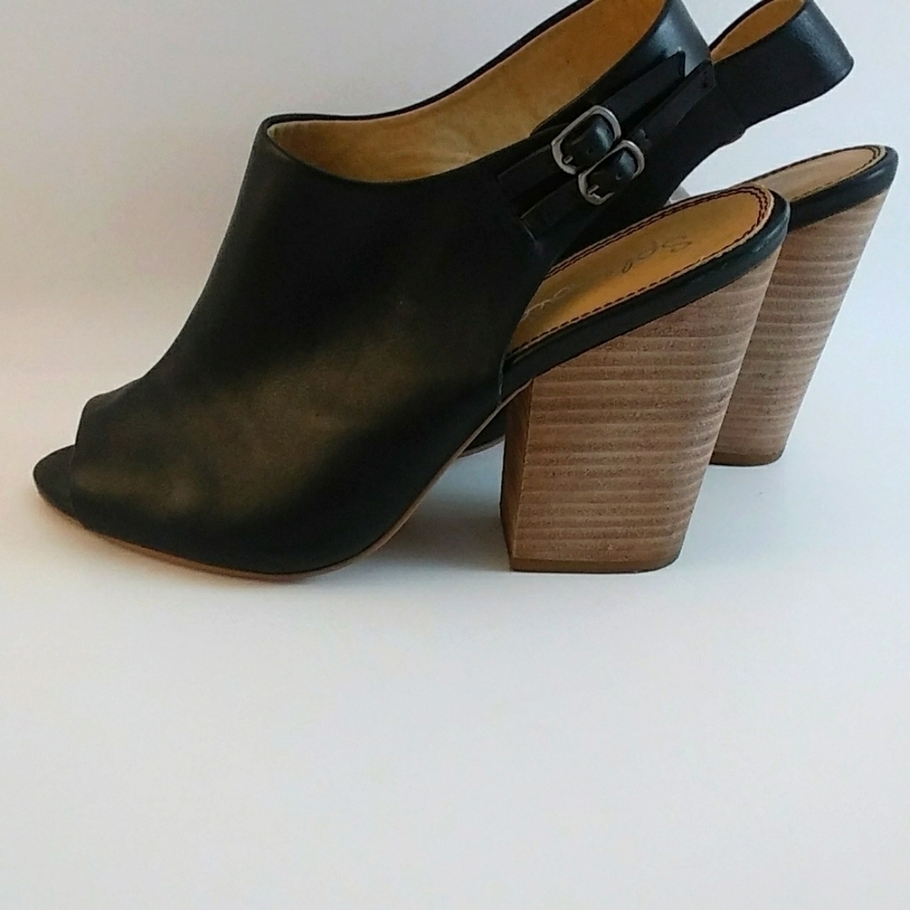 Splendid Black Leather Peep Toe Slingback Back Dress Shoes Size 8.5 Block Heels